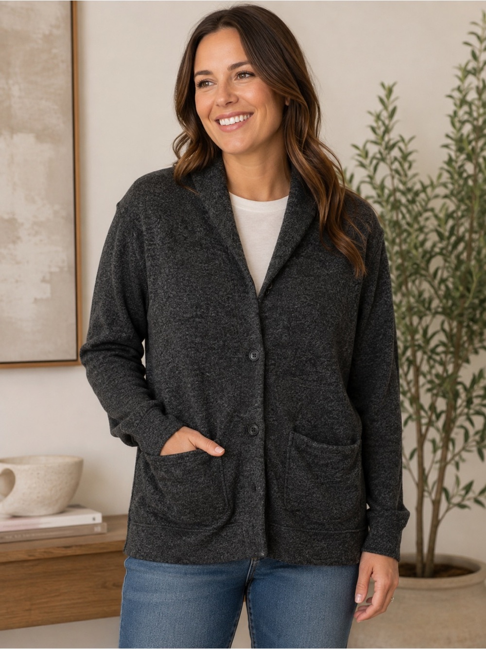 Old Navy tunic cardigan sweater women’s medium black gray button down Y2K preppy